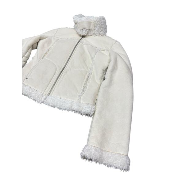 Bebe Y2K Faux Suede Jacket w/ Faux Fox Fur Trim White Cream Size Small - Picture 9 of 14